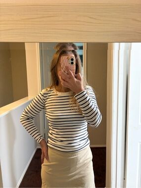 J.Crew Navy White Breton Stripe Top Gold Button Shoulder XS Nautical Fisherman